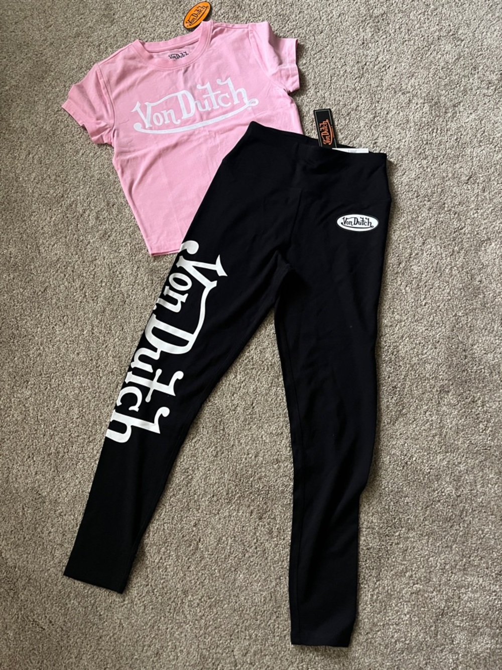 Von Dutch Pink Logo Tee with Black Logo Leggings Set